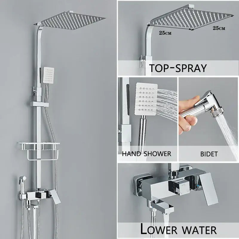 Modern chrome-finished shower system with square rainhead handheld shower and bidet attachment for bathroom use