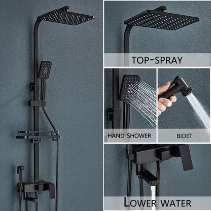 Modern black matte-finished shower system with square rainhead handheld shower and bidet spray for bathrooms