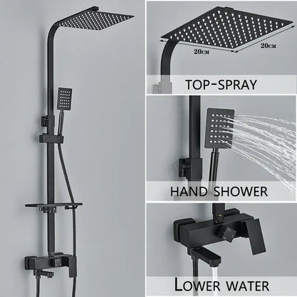 Modern black matte shower system with square rainhead handheld spray and integrated faucet for bathroom use