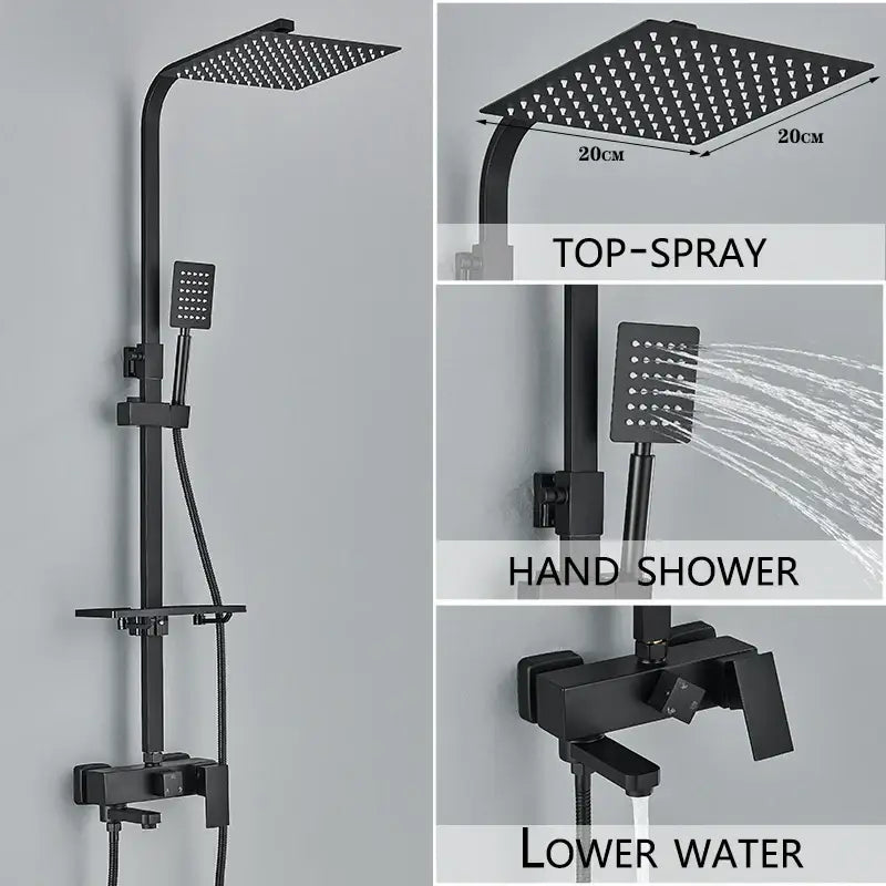 Modern black matte shower system with square rainhead handheld spray and integrated faucet for bathroom use