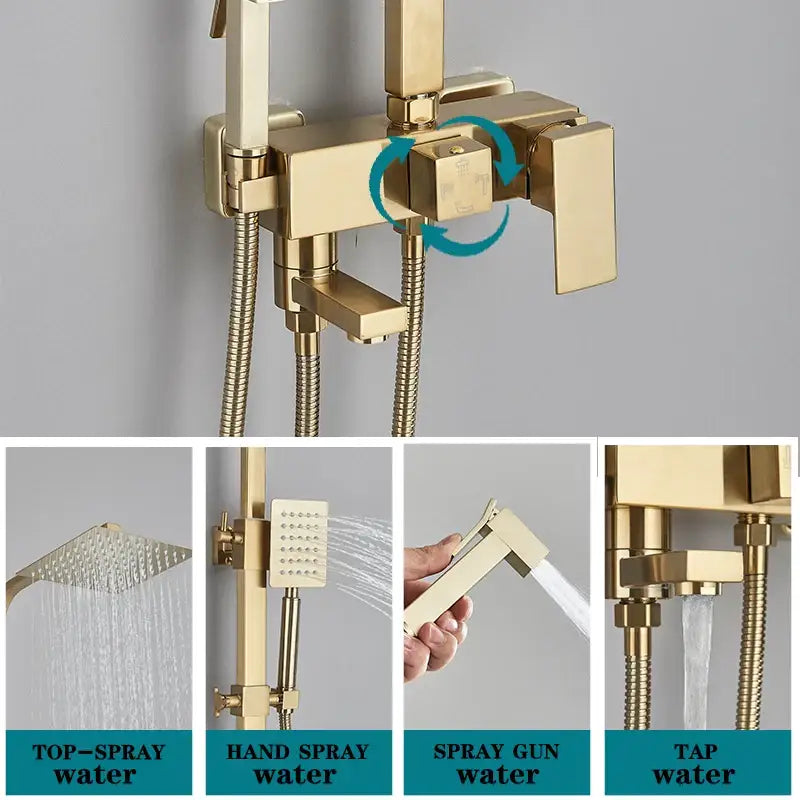 Modern gold rain shower system with gold finish square control valve handheld spray gun and multiple nozzles for bathroom use