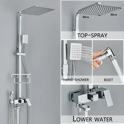 Modern gold rain shower system with chrome-finished square head handheld sprayer and bidet attachments for bathroom use