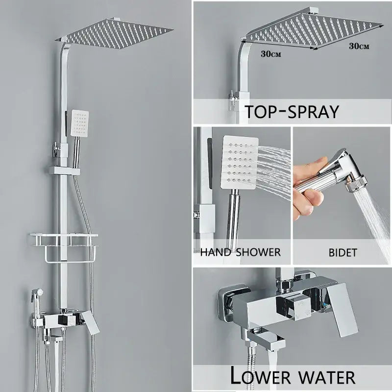 Modern gold rain shower system with chrome-finished square head handheld sprayer and bidet attachments for bathroom use