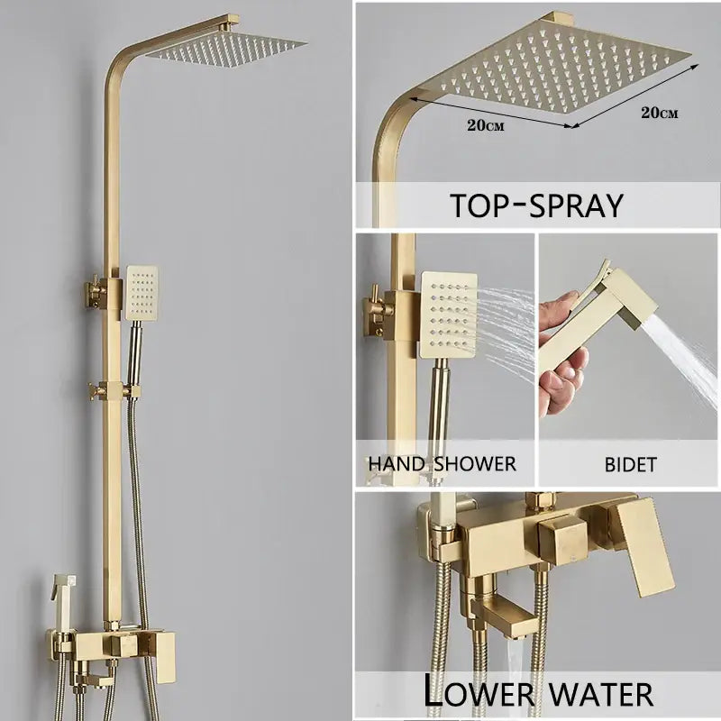 Modern gold rain shower system with square rainhead handheld sprayer and bidet spray for bathroom use