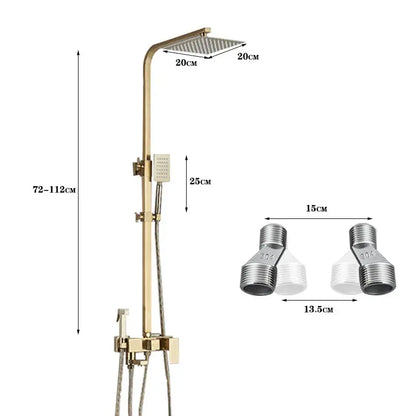 Modern gold rain shower system with 20cm square rainhead and adjustable handheld sprayer featuring matching brass fixtures