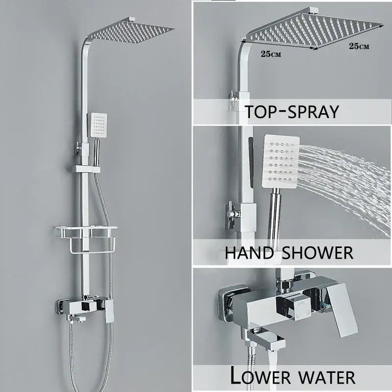 Modern gold rain shower system with chrome finish featuring square rainhead handheld spray and sleek faucet design
