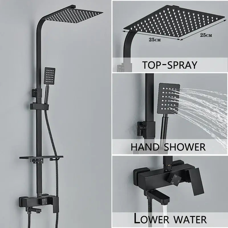 Modern black matte finish shower system with square top spray and handheld sprayer for bathroom use