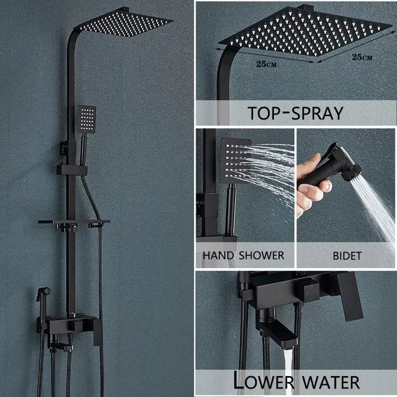 Modern black matte rain shower system with square top spray hand shower and bidet nozzle for bathroom use