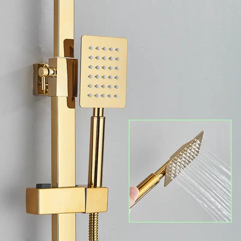 Modern gold rainfall shower faucet set featuring a gold-finished square showerhead with a perforated surface for water distribution