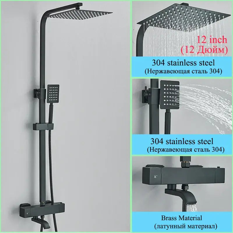 Modern gold rainfall shower faucet set featuring black matte 304 stainless steel shower faucet with square rainhead and handheld spray