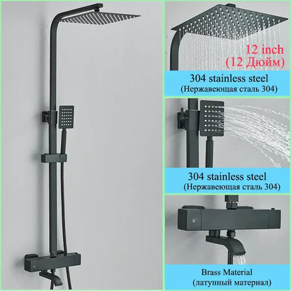 Modern gold rainfall shower faucet set featuring black matte 304 stainless steel shower faucet with square rainhead and handheld spray