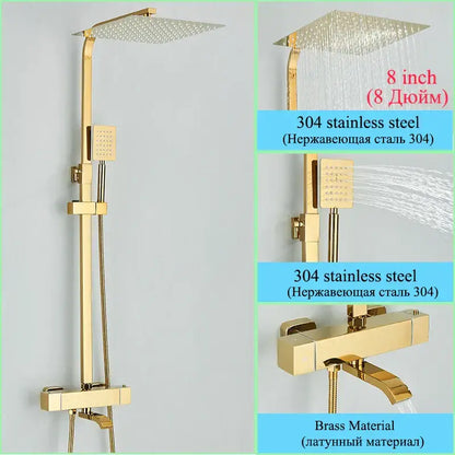 Modern gold rainfall shower faucet set in gold finished 304 stainless steel and brass with square rainhead and handheld spray