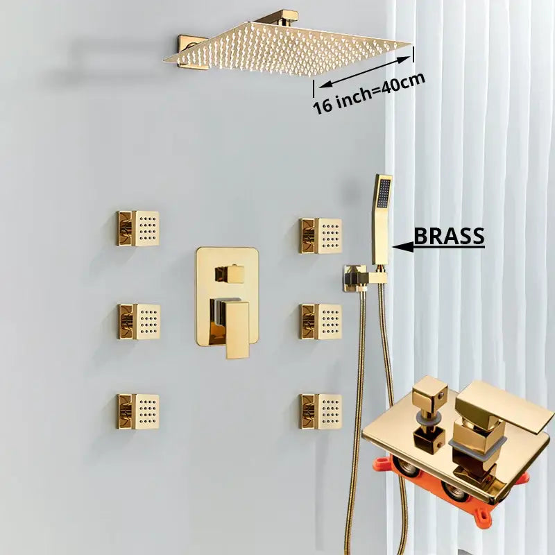 Modern gold rainfall shower head system in gold finished brass with 16 inch rainhead and massage jets decorbites gold rainfall