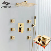 Modern gold rainfall shower head system with massage jets features a gold rainfall shower and handheld shower head