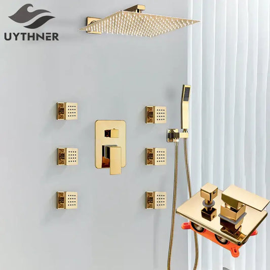Modern gold rainfall shower head system with massage jets features a gold rainfall shower and handheld shower head