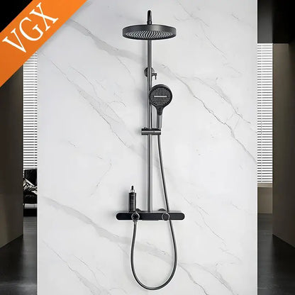Modern black matte shower set with round shower head and hand shower featuring chrome control accents