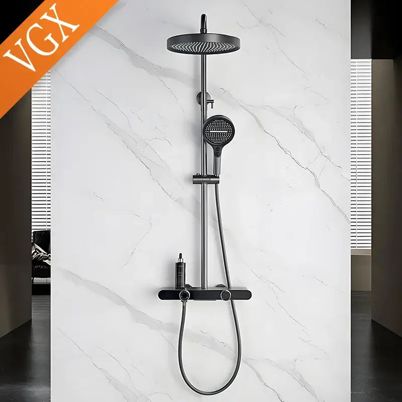 Modern black matte shower set with round shower head and hand shower featuring chrome control accents