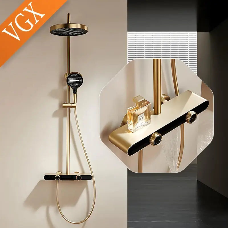 Modern gold rainfall shower set with gold-toned shower head and hand shower featuring a sleek, contemporary design