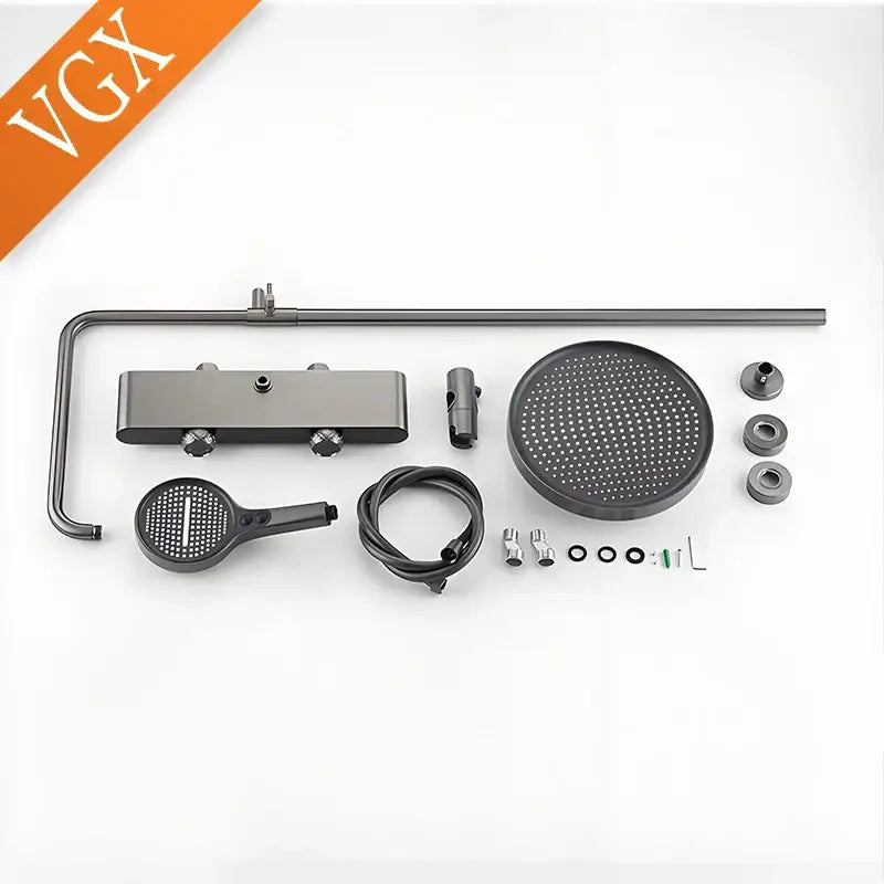 Vgx brand modern matte black shower set with rectangular control valve, circular rainhead, and handheld spray head