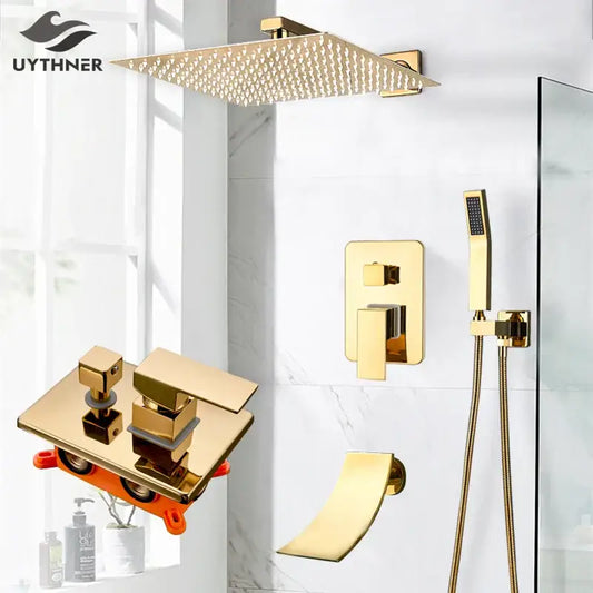 Modern gold rainfall shower system by decorbites features a gold rainfall shower with square rainhead and handheld sprayer
