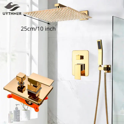 Modern decorbites gold rainfall shower system square 25cm gold rainfall showerhead with textured surface