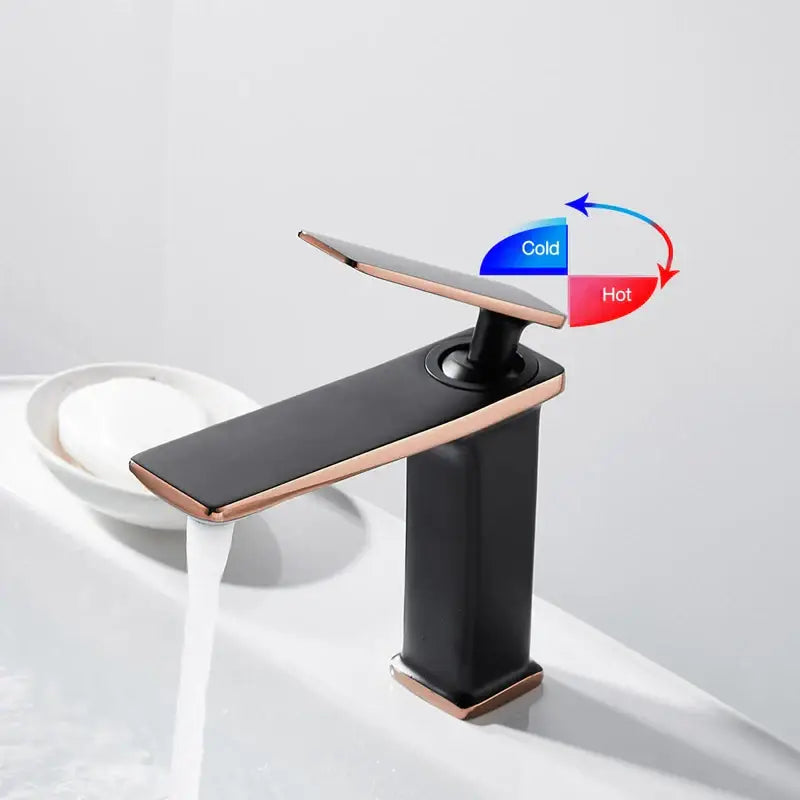 Modern black and rose gold brass basin faucet with sleek rectangular spout for bathroom decorbites brass basin use