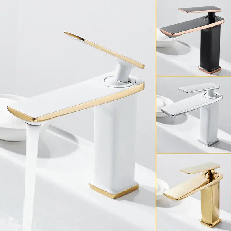 Modern gold rectangular brass basin faucet with white ceramic and gold accents for elegant bathroom decorbites brass basin