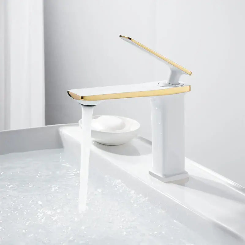 Modern gold rectangular brass basin faucet in white ceramic with gold accents for bathroom decorbites brass basin use