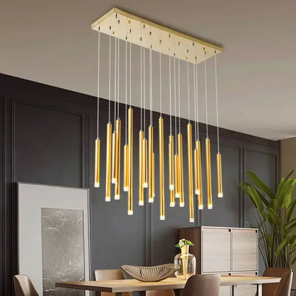 Modern gold rectangular chandelier with cylindrical pendant lights suspended by cords for dining room decorbites elegant chandelier