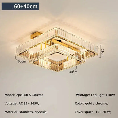 Modern gold rectangular crystal ceiling chandelier dimmable with stacked crystal panels for elegant decorbites crystal ceiling lighting