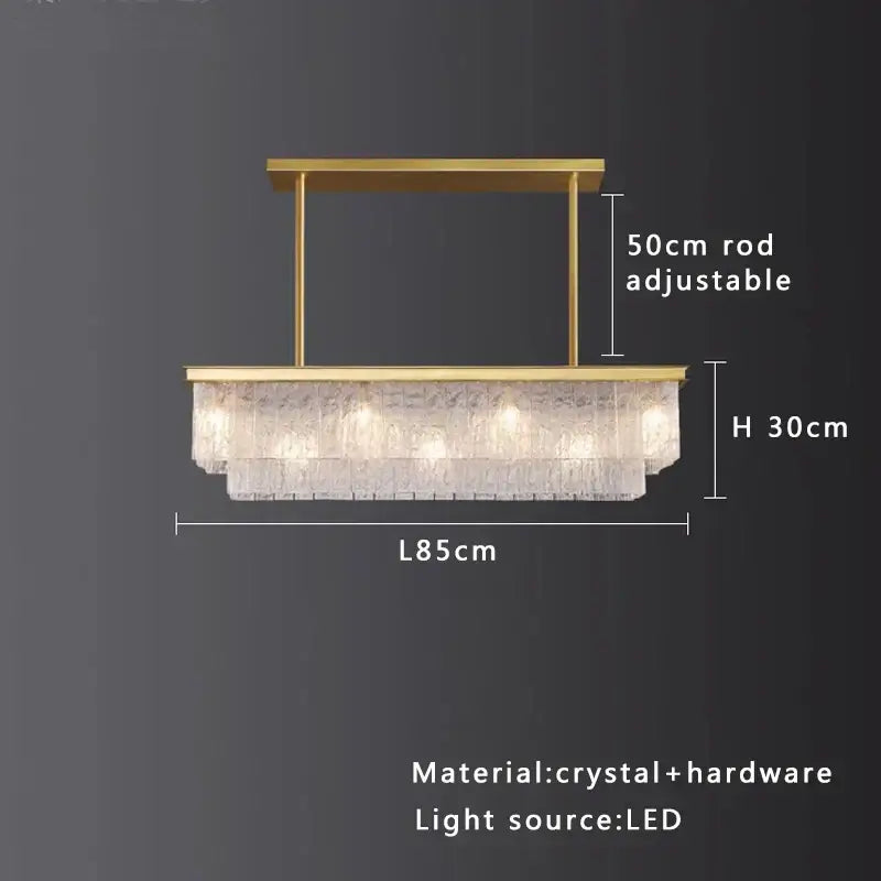 Modern gold rectangular crystal glass ceiling chandelier with cascading crystal tiers and led lighting for dining room decorbites crystal glass
