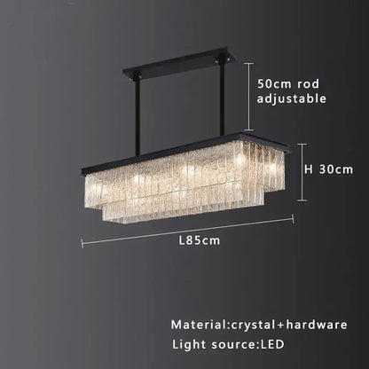 Modern gold rectangular crystal glass ceiling chandelier with black metal hardware and adjustable rod for dining room decorbites crystal glass