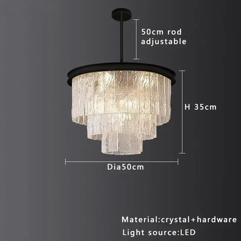 Modern gold rectangular decorbites crystal glass ceiling chandelier with black metal frame and cascading frosted glass panels