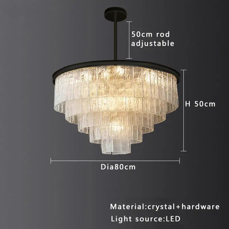 Modern gold rectangular crystal glass ceiling chandelier with tiered textured glass and black metal frame decorbites crystal glass