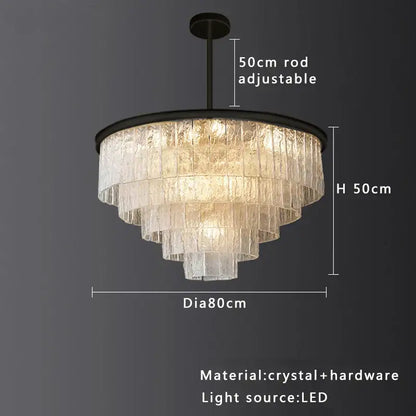 Modern gold rectangular crystal glass ceiling chandelier with tiered textured glass and black metal frame decorbites crystal glass