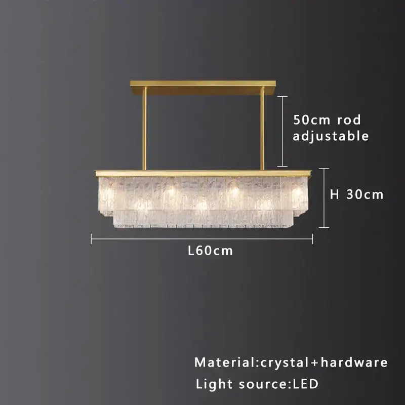 Modern gold rectangular crystal glass ceiling chandelier with cascading tiers and led lighting for dining room decorbites crystal glass
