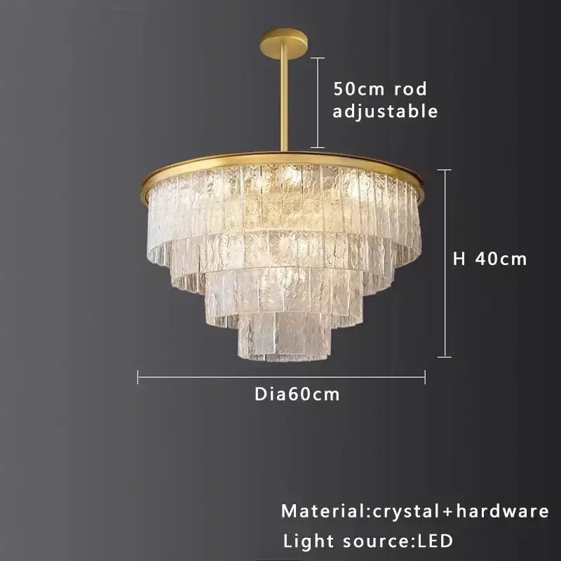 Modern gold rectangular crystal glass ceiling chandelier with tiered textured glass and adjustable rod for dining room decorbites crystal glass