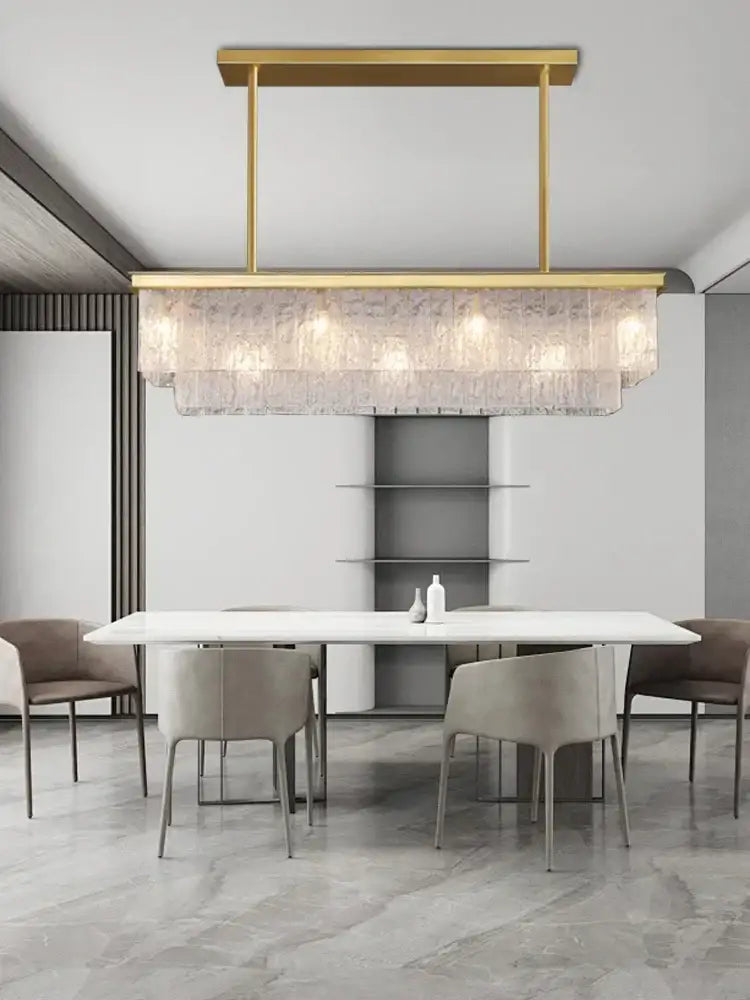 Modern gold rectangular crystal glass ceiling chandelier with textured translucent panels for dining room decorbites crystal glass