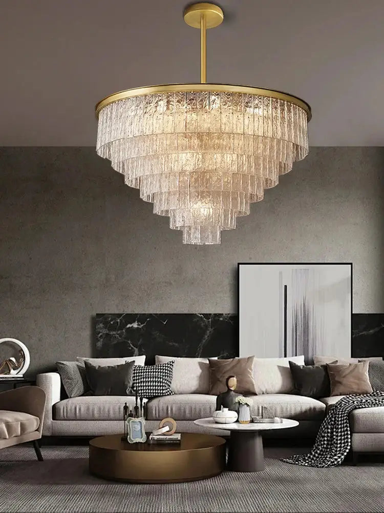 Modern gold rectangular crystal glass ceiling chandelier with cascading textured glass tiers for dining room decorbites crystal glass