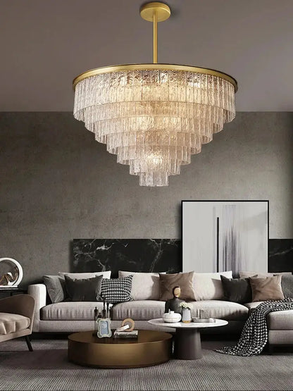 Modern gold rectangular crystal glass ceiling chandelier with cascading textured glass tiers for dining room decorbites crystal glass