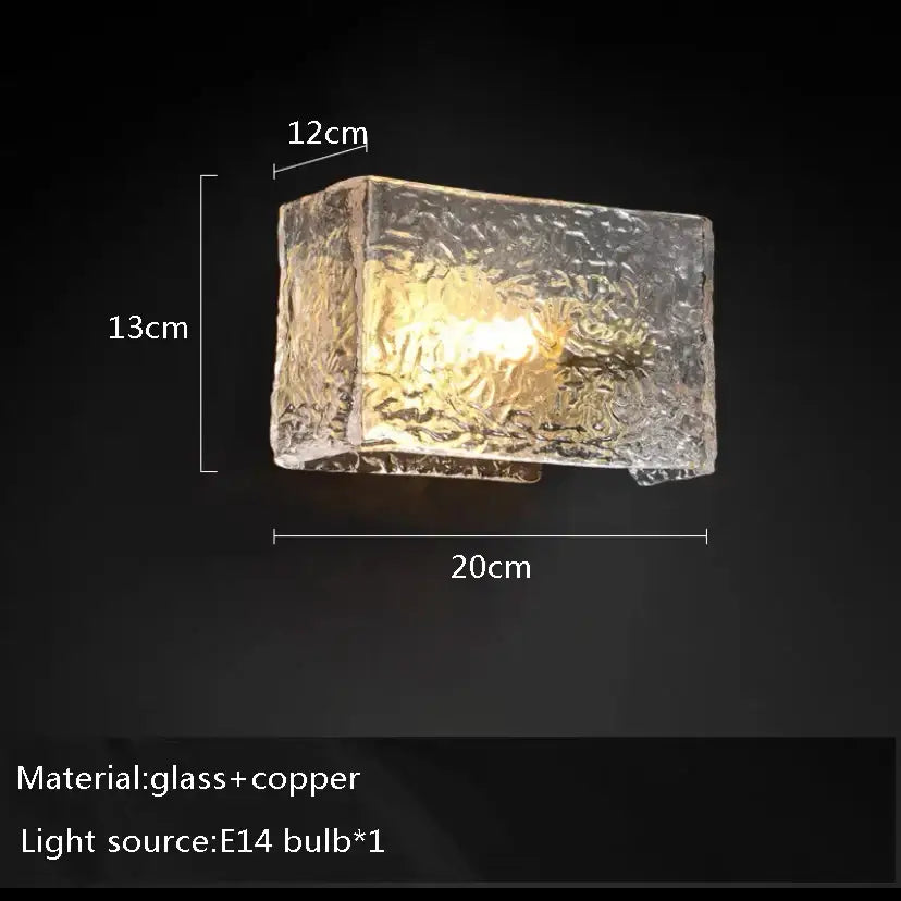 Modern gold rectangular crystal glass ceiling chandelier with clear textured glass wall sconce and copper base e14 bulb