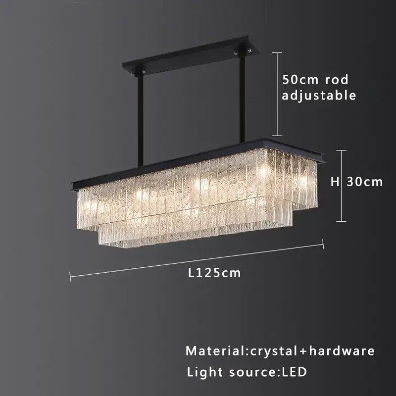 Modern gold rectangular crystal glass ceiling chandelier with black metal frame and adjustable rod for dining room decorbites crystal glass
