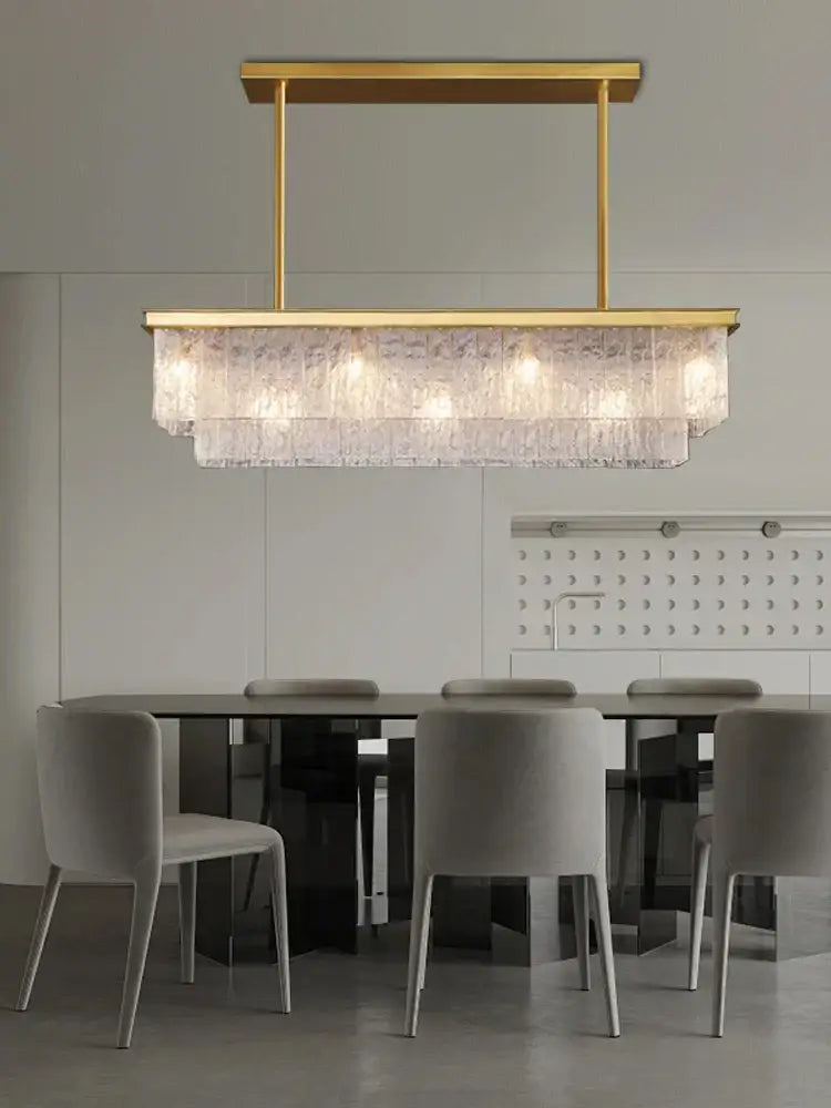 Modern gold rectangular crystal glass ceiling chandelier with layered textured glass panels for dining room decorbites crystal glass