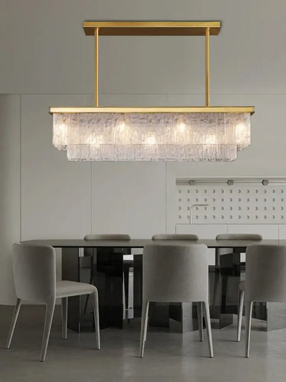 Modern gold rectangular crystal glass ceiling chandelier with layered textured glass panels for dining room decorbites crystal glass