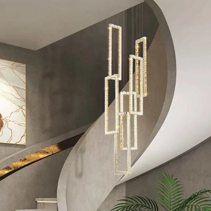 Modern gold rectangular crystal led pendant light with cascading geometric frames for stairs by decorbites crystal led