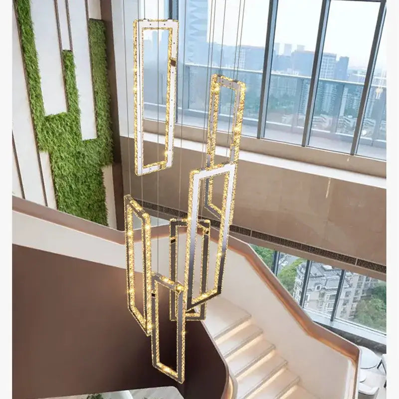 Modern gold rectangular crystal led pendant light features white illuminated geometric frames for stairs decorbites crystal led