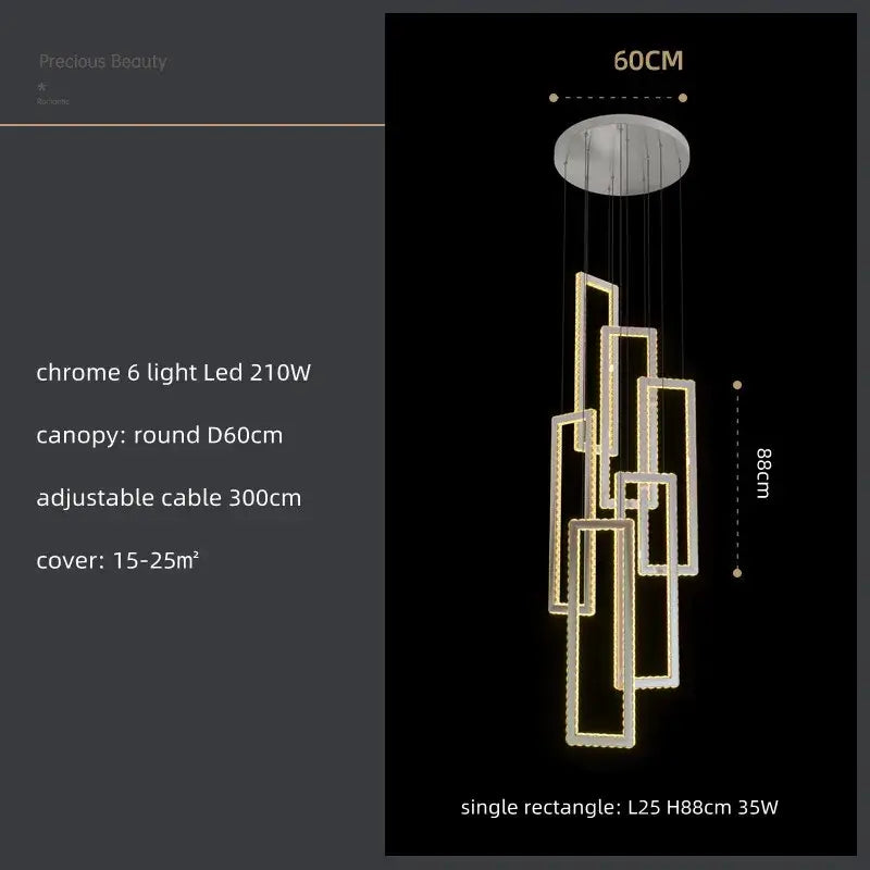 Modern chrome-finished geometric pendant light with six led lights in overlapping rectangular frames decorbites crystal led design