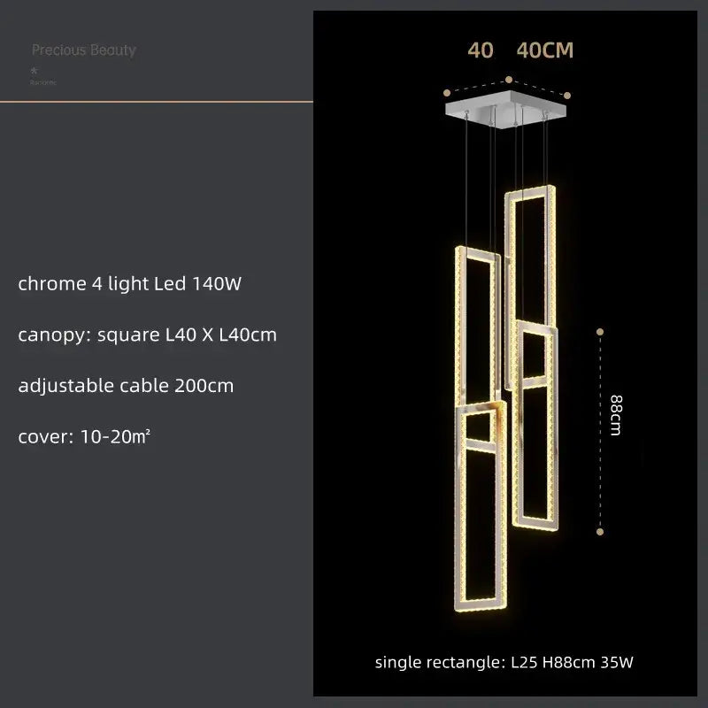 Modern gold crystal led pendant light with chrome finish and three rectangular glowing panels for stairs decorbites crystal led