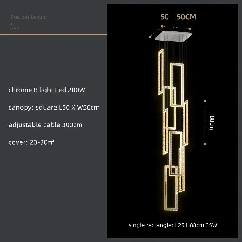 Modern chrome-finished geometric crystal led pendant light with eight cascading rectangular frames for stairs decorbites crystal led