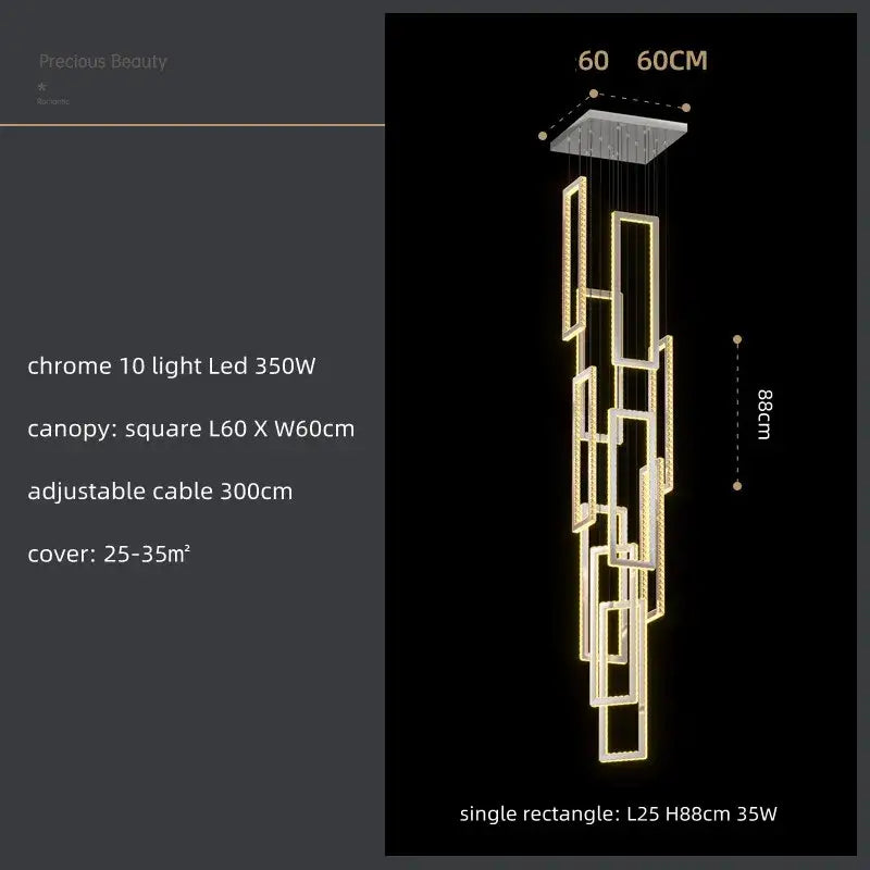 Modern gold rectangular crystal led pendant light with chrome finish and geometric cascading rectangular light modules